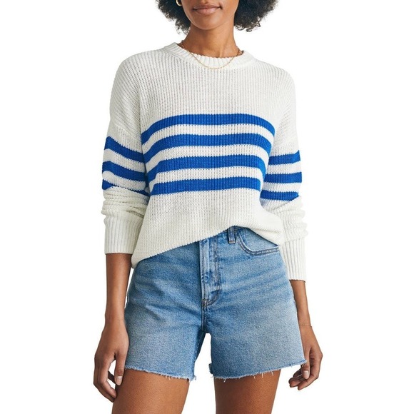 Faherty Womens Miramar Stripe Linen Organic Cotton Sweater L Cream Blue Coastal